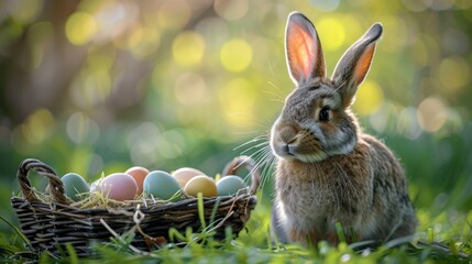 Easter rabbit, bunny, sits by a basket filled with colorful eggs in grass. Happy easter. Celebration.