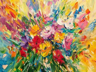 A vibrant painting featuring an assortment of colorful flowers arranged in a vase, showcasing bright hues and intricate details