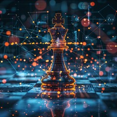 Chess king, digital transformation, abstract tech elements, birds-eye view