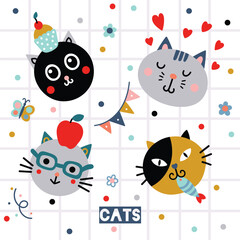 Cute cats. Funny doodle animals. Vector illustration. Greeting card. - 760534103
