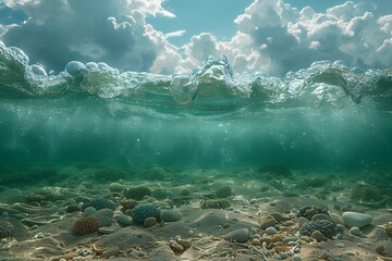 Underwater View of Ocean With Rocks and Pebbles - obrazy, fototapety, plakaty