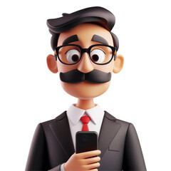 Fototapeta na wymiar 3d illustration of businessman with mustache and glasses using mobile phone over white background