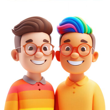 Simple Cartoon 3D illustration of two friends with rainbow hair isolated over white background