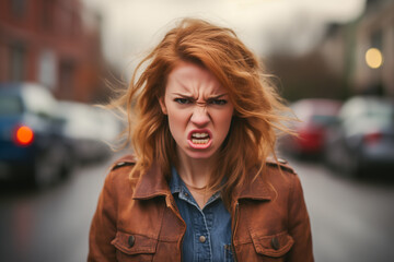 Fototapeta premium Angry young woman on the street. Portrait of furious woman, closeup.