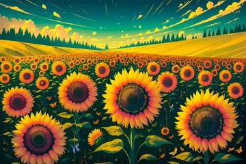 Outdoor kussens Sunflower field in summer, butterflies beautiful landscape illustration, painting, digital art, prints. Nature picture with blooming sunflowers © Valeriia19