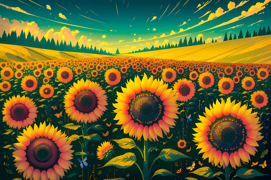 Sunflower field in summer, butterflies beautiful landscape illustration, painting, digital art, prints. Nature picture with blooming sunflowers