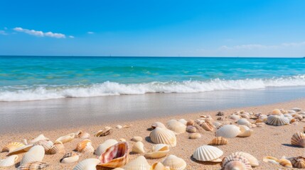 Fototapeta na wymiar Tranquil coastal beauty seashells scattered on sandy beach, serene travel concept
