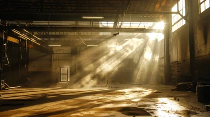Foto op Aluminium Sunlit abandoned industrial interior with dust - Sun rays infiltrate through large windows, illuminating dust particles in a desolate abandoned industrial setting © Mickey