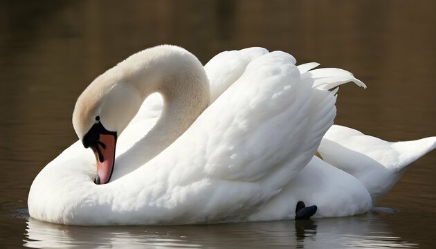 A Swan With Its Beak Buried In Its Feathers Groom