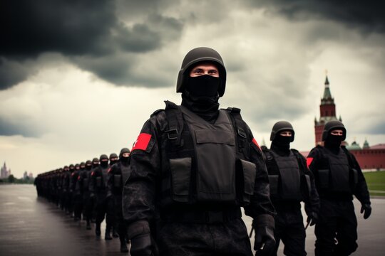 Russian soldiers in uniform with army equipment at the kremlin in the background