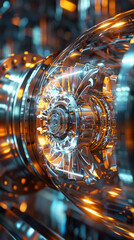 Intricate Turbine Engine Close-up View - A highly detailed close-up of a futuristic turbine engine with illuminated parts capturing the complexity of machinery