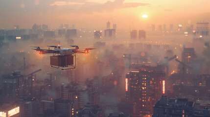 Drone carrying a package flies over an urban landscape during sunset, with skyscrapers shrouded in mist. - obrazy, fototapety, plakaty
