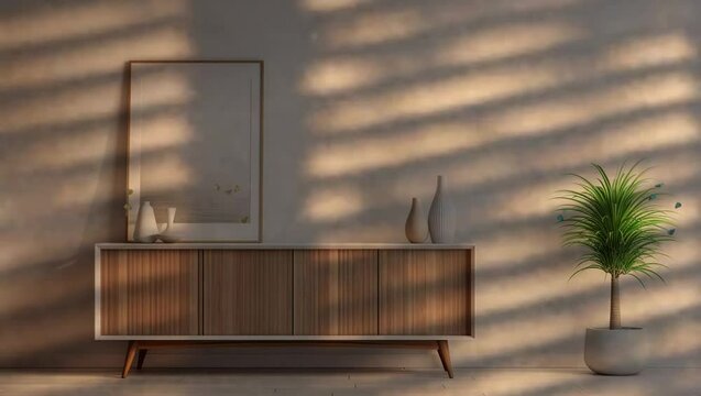 Rustic charm: Wooden table positioned against a wall, bathed in shadows cast by a window, creating an inviting ambiance  Seamless looping 4k time-lapse virtual video animation background. Generated AI