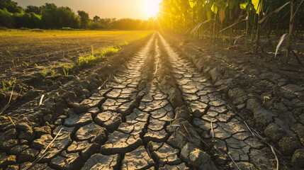 Dry soil in the field at sunset time, Global warming concept - obrazy, fototapety, plakaty