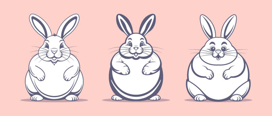 Obraz na płótnie Canvas Vector set of simple graphic black and white chubby funny cute cartoon Easter rabbits or hares. Collection of stickers of pet plump bunnies. Domestic good animals.