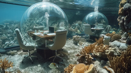 Underwater office set up with clear domes on the ocean floor, surrounded by coral reefs and marine life, featuring tables, chairs, and computers in a serene aquatic environment.