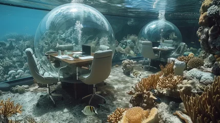 Fotobehang Underwater office set up with clear domes on the ocean floor, surrounded by coral reefs and marine life, featuring tables, chairs, and computers in a serene aquatic environment. © ChubbyCat