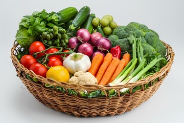 A basket filled with lots of different types of vegetables and fruits in
