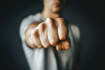 Aggressive man punching with fist, blurred background - 760536525