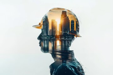 Construction worker overlay with cityscape. A conceptual image blending a construction worker's silhouette with a vivid cityscape, symbolizing urban development and the workforce that builds it