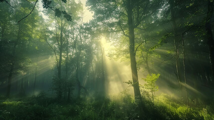 Sunlight streams through a misty forest, casting rays of light among lush green trees and illuminating the tranquil woods with a magical glow.