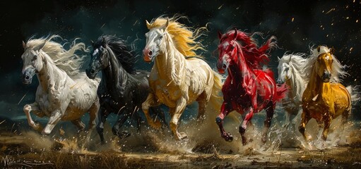 Horses galloping in the sky, colorful, majestic and powerful