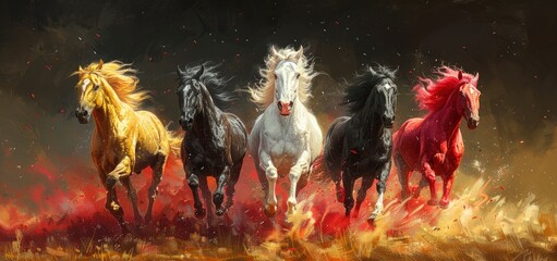 Horses galloping in the sky, colorful, majestic and powerful