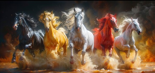 Horses galloping in the sky, colorful, majestic and powerful