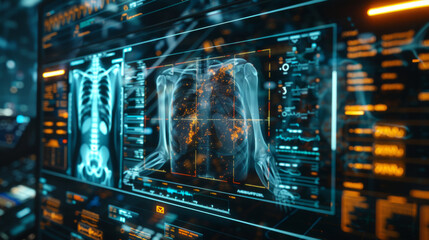 A futuristic medical interface displaying a detailed 3D scan of human lungs with intricate data points and analysis.