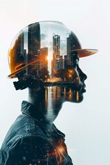 Construction worker overlay with cityscape. A conceptual image blending a construction worker's silhouette with a vivid cityscape, symbolizing urban development and the workforce that builds it