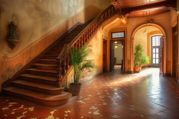 The spacious entrance hall of an old Spanish house with a wood staircase, terracotta tiles and a...
