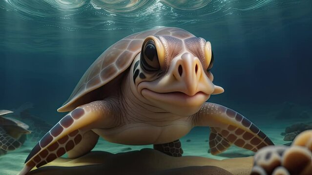 Cute and adorable little baby sea turtle underwater. Generative AI