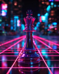 Abstract chess king, neon grid lines, concept of future leadership, low angle