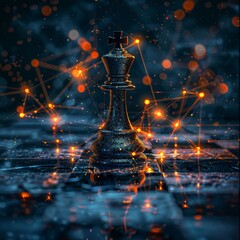 Chess king, digital transformation, abstract tech elements, birds-eye view