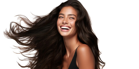 Beautiful laughing brunette female model with long hair. Smiling woman hairstyle, isolated on transparent background