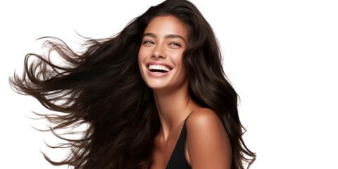 Beautiful laughing brunette female model with long hair. Smiling woman hairstyle, isolated on transparent background