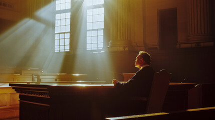 judge sits in an empty courtroom in a room flooded with light  - obrazy, fototapety, plakaty
