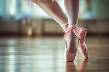 Legs of ballerina girl in cute pink pointe shoes in dance class. Lesson, ballet rehearsal. AI Generative - obrazy, fototapety, plakaty