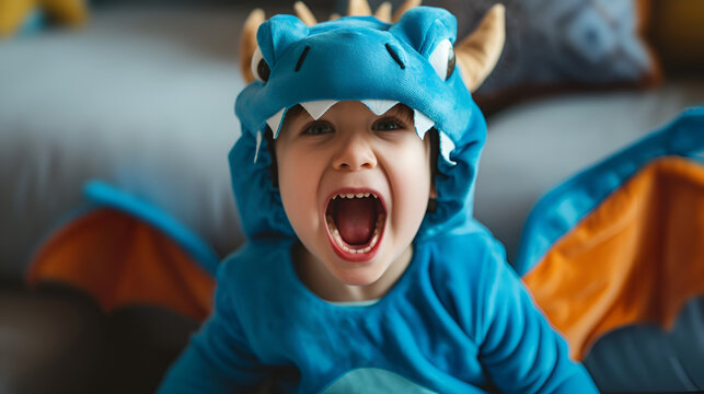 Cute smiling kid todler boy plays in dragon costume growls funny. AI Generative