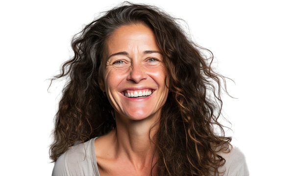 Happy mature woman laughing with long brown hair, isolated on transparent background cut out