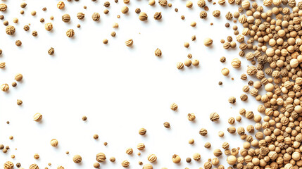 Set milled white pepper powder pile, frame peppercorn spice isolated on white background, top view