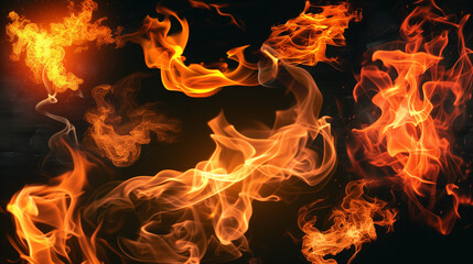 Set of fire flames elements on transparent background:: 