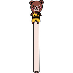 Kawaii hand drawn pen with cute bunny in t shirt and shorts on the cap with doodle outline. Kids ball ink pen with rabbit head for drawing and writing. Back to school supply. Stationery for study