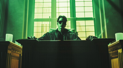 judge from the court table, person in a church, in a green color grading movie look