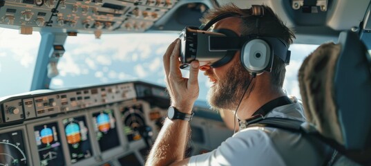 Man in vr glasses takes flight exam at aviation school in simulator, controls virtual aircraft.