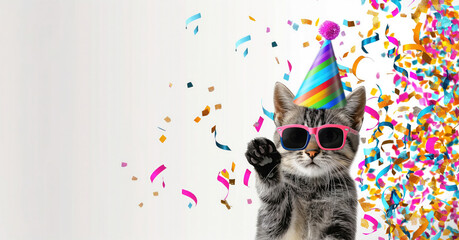 funny cat with party hat and sunglasses for birthday background