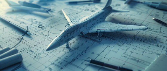 Blueprint of a sleek new aircraft design spread out on a designers table