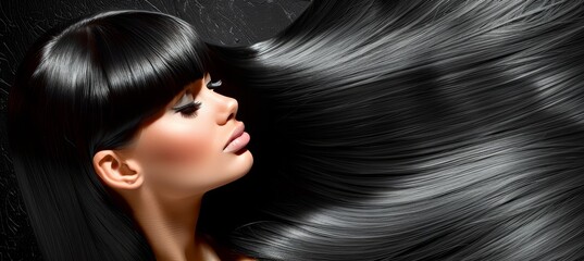 Brunette woman with long shiny hair on dark background, hair care concept, copy space available