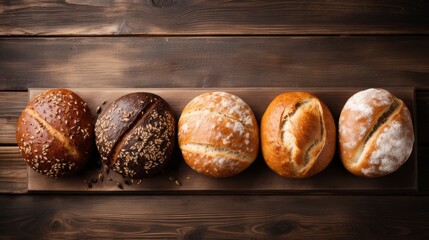 Assorted freshly baked bread on wooden surface, top view with empty space for text placement