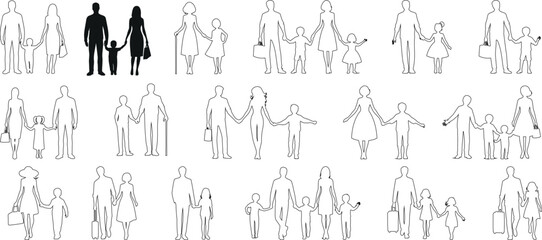 Family line art, diverse family compositions, black family outline on white background, vector illustration. Ideal for web graphics, depicting togetherness, bonding, generations
